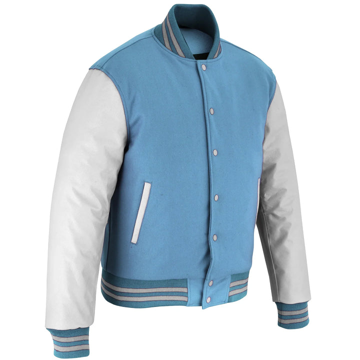 Classic Varsity Letterman Jacket Sky Blue Wool with White Genuine Leather Sleeves and trims