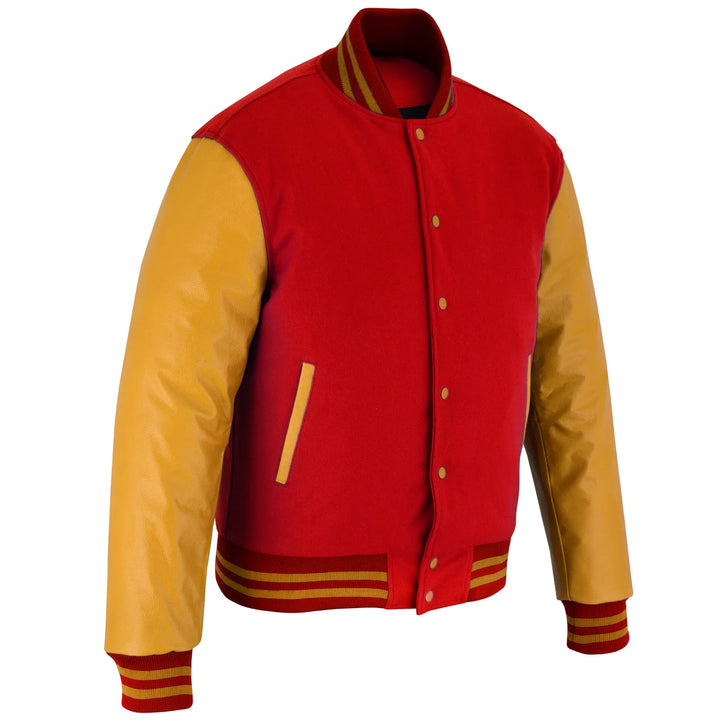 Classic Varsity Letterman Jacket Red Wool with Gold Genuine Leather Sleeves and trims