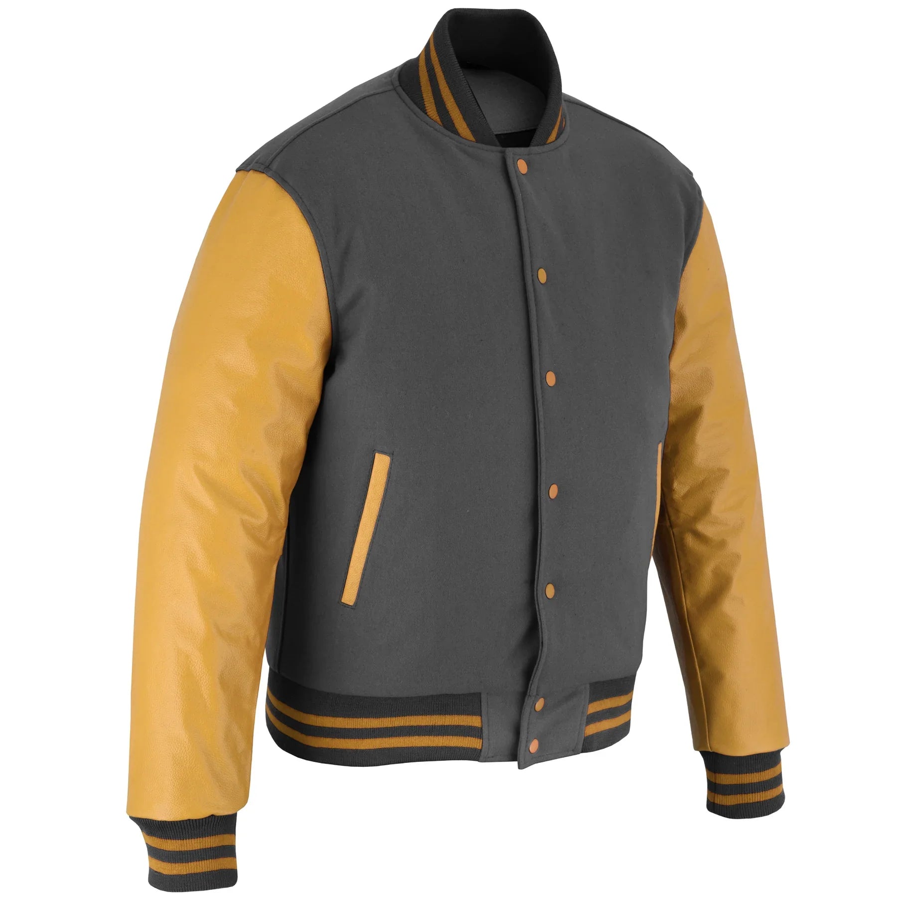 Classic Varsity Letterman Jacket Dark Grey Wool with Gold Genuine Leather Sleeves and trims