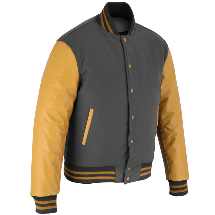 Classic Varsity Letterman Jacket Dark Grey Wool with Gold Genuine Leather Sleeves and trims