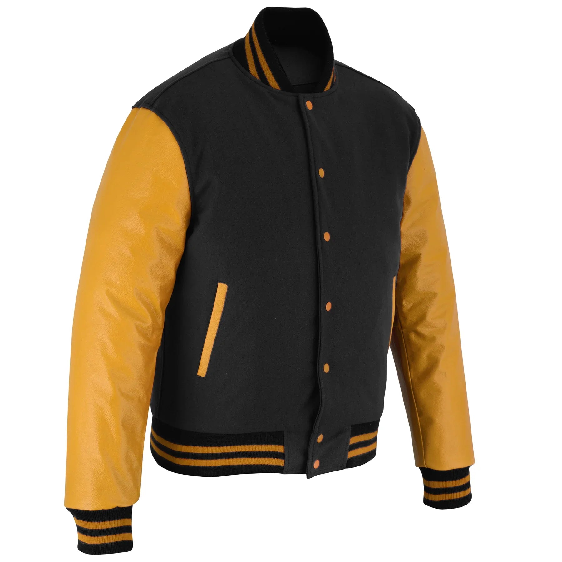 Classic Varsity Letterman Jacket Black Wool with Gold Genuine Leather Sleeves and trims
