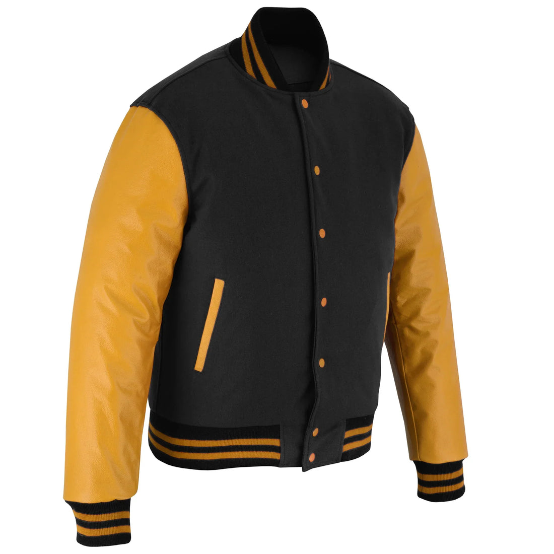 Classic Varsity Letterman Jacket Black Wool with Gold Genuine Leather Sleeves and trims