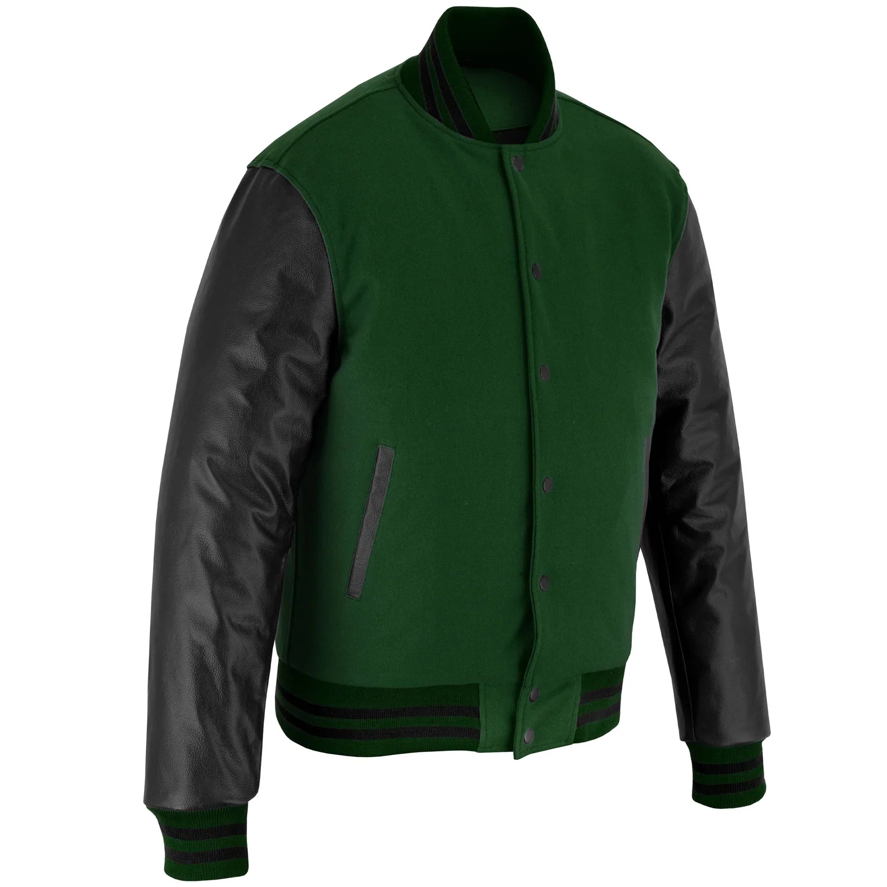 Classic Varsity Letterman Jacket Forest Green Wool with Black Genuine Leather Sleeves and trims