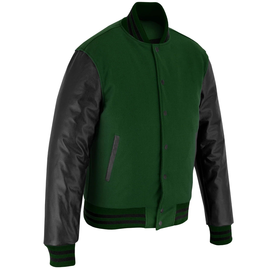 Classic Varsity Letterman Jacket Forest Green Wool with Black Genuine Leather Sleeves and trims