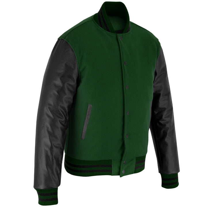 Classic Varsity Letterman Jacket Forest Green Wool with Black Genuine Leather Sleeves and trims