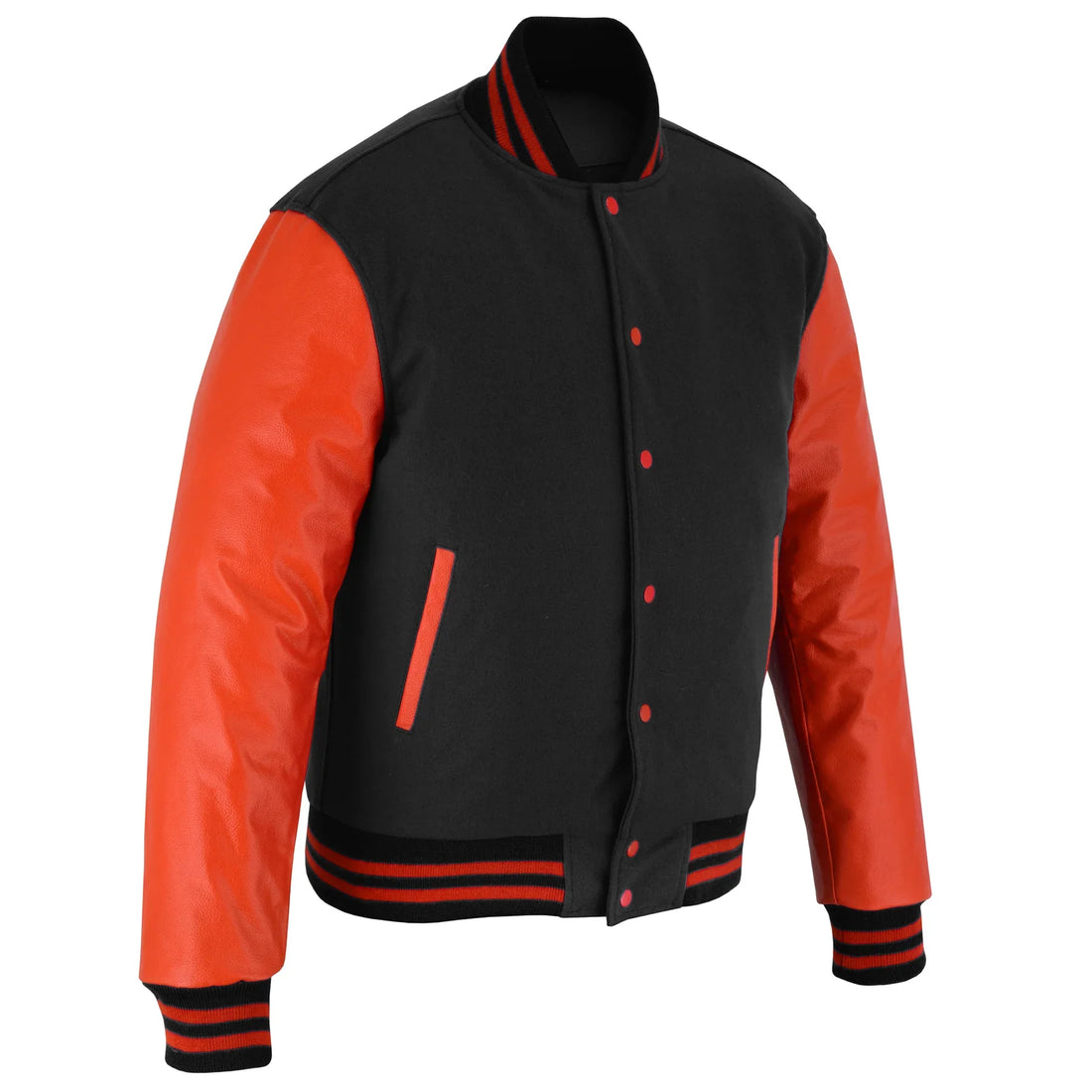 Classic Varsity Letterman Jacket Black Wool with Orange Genuine Leather Sleeves and trims