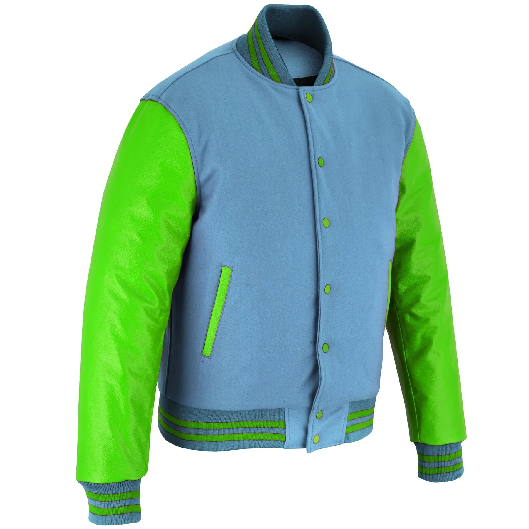 Classic Varsity Letterman Jacket Sky Blue Wool with Green Genuine Leather Sleeves and trims