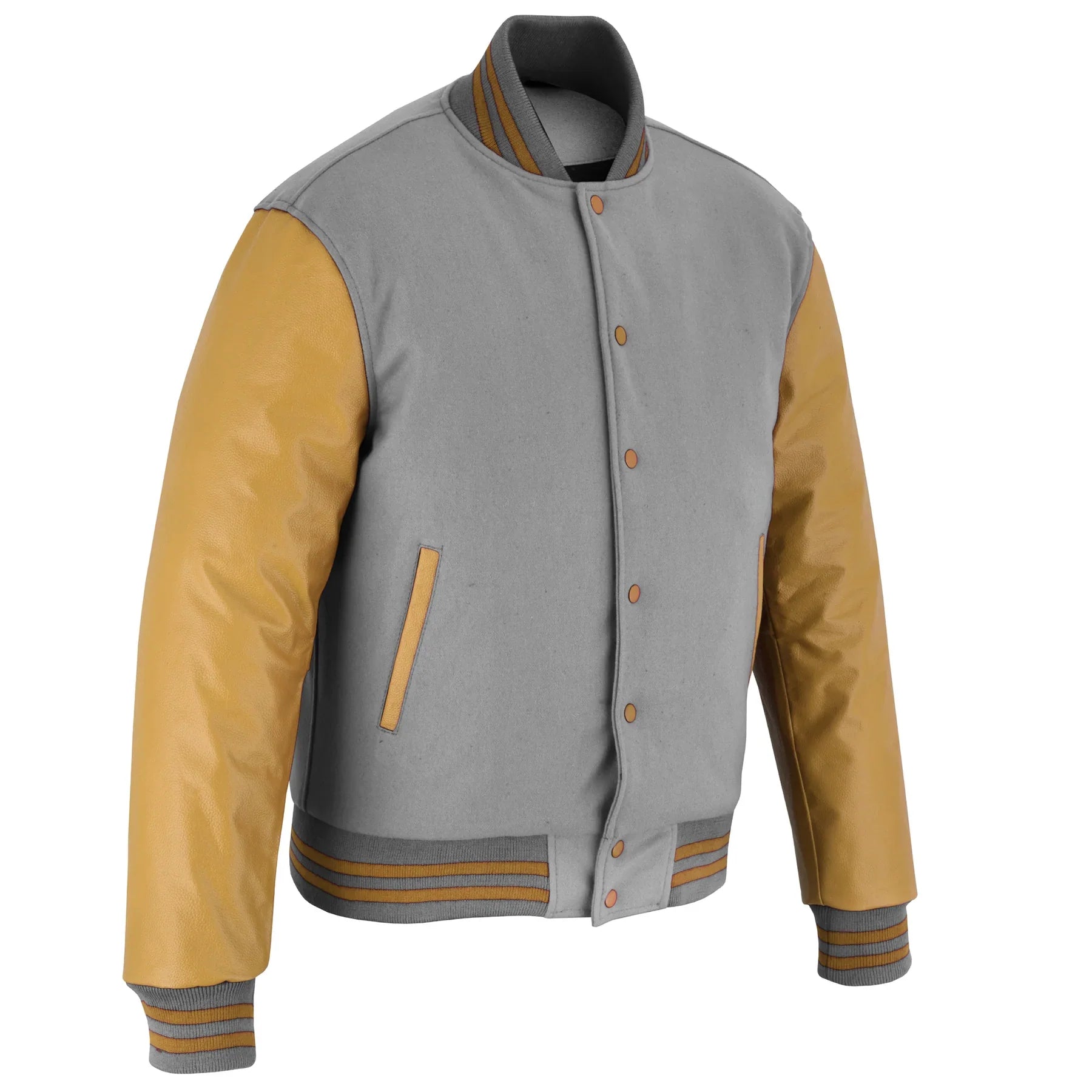 Classic Varsity Letterman Jacket Light Grey Wool with Dark Cream Genuine Leather Sleeves and trims