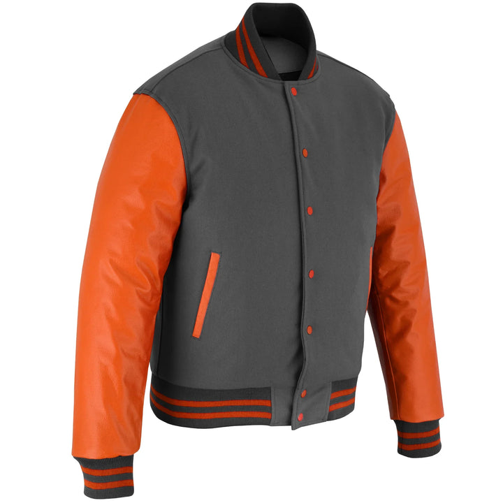 Classic Varsity Letterman Jacket Dark Grey Wool with Orange Genuine Leather Sleeves and trims