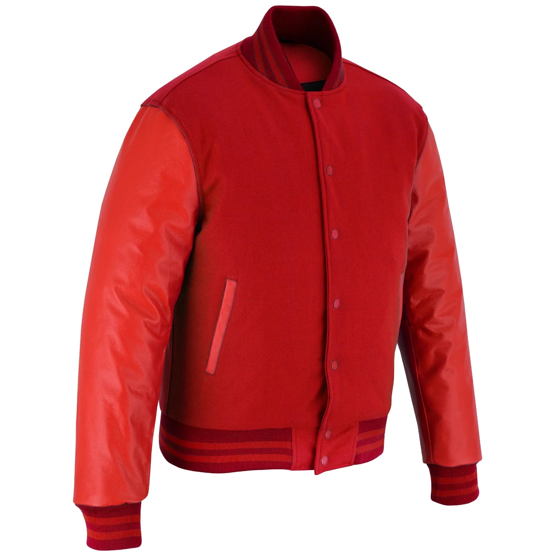 Classic Varsity Letterman Jacket Red Wool with Red Genuine Leather Sleeves and trims