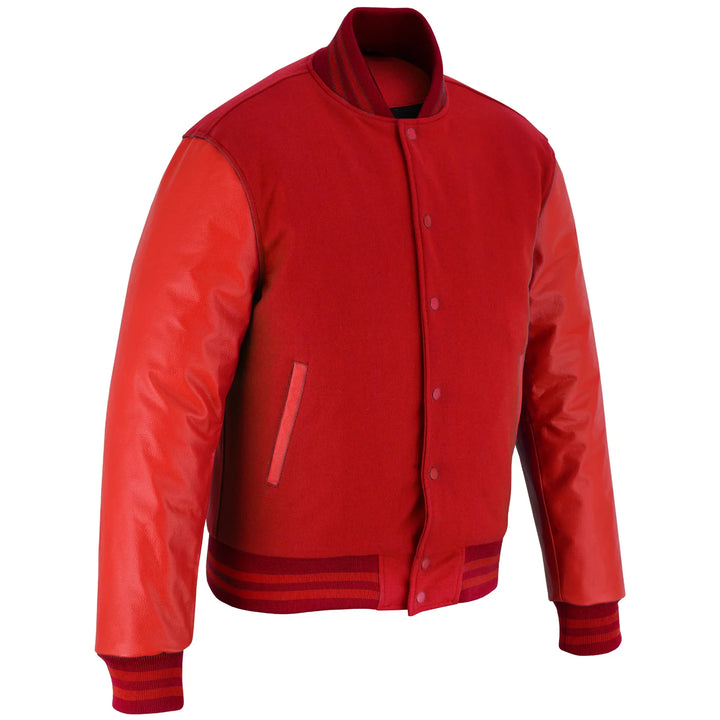 Classic Varsity Letterman Jacket Red Wool with Red Genuine Leather Sleeves and trims