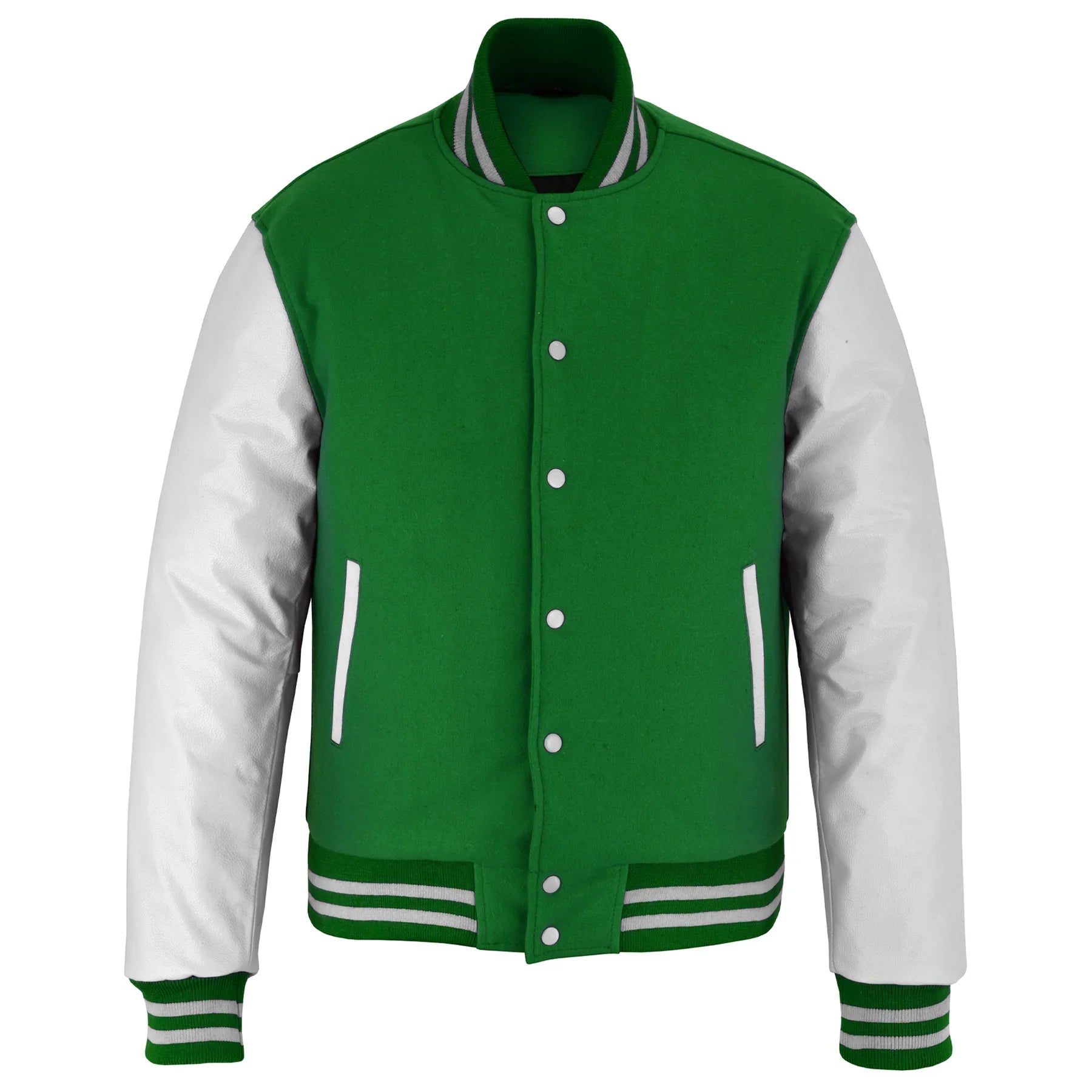 Classic Varsity Letterman Jacket Green Wool with White Genuine Leather Sleeves and trims