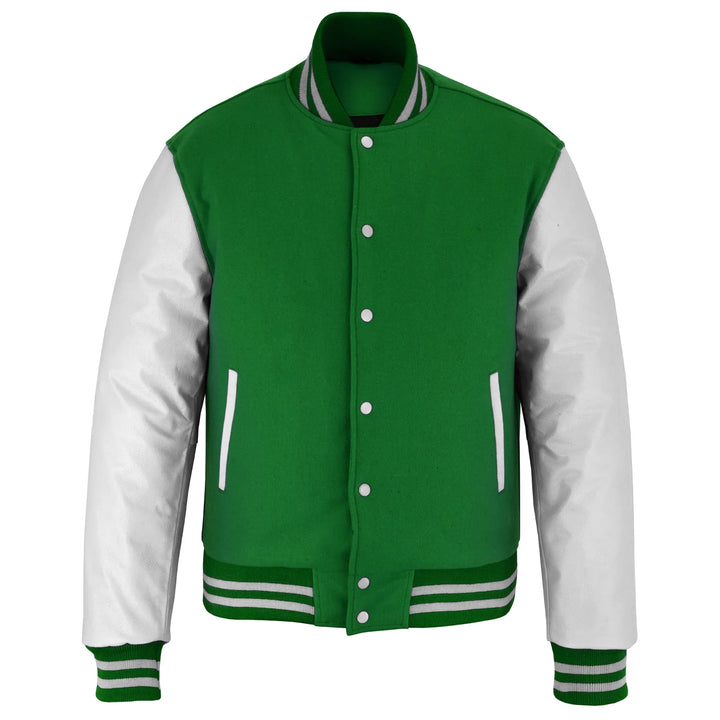 Classic Varsity Letterman Jacket Green Wool with White Genuine Leather Sleeves and trims