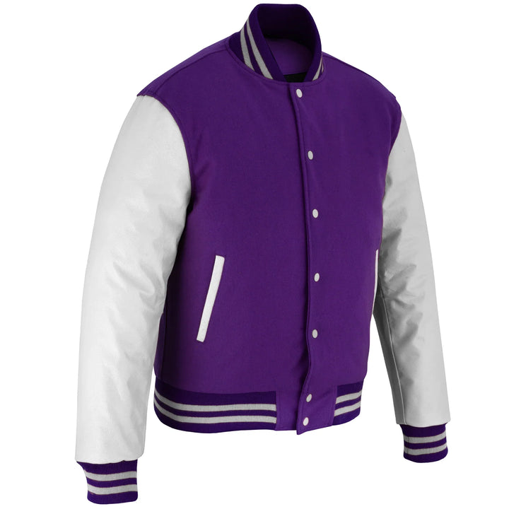 Classic Varsity Letterman Jacket Purple Wool with White Genuine Leather Sleeves and trims
