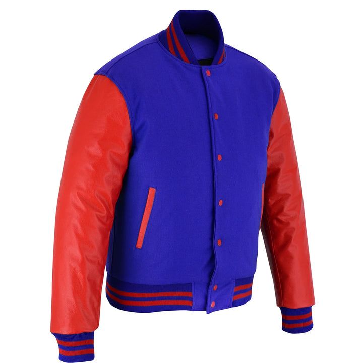 Classic Varsity Letterman Jacket Blue Wool with Orange Genuine Leather Sleeves and trims
