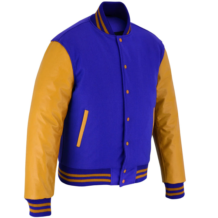 Classic Varsity Letterman Jacket Royal Wool with Gold Genuine Leather Sleeves and trims