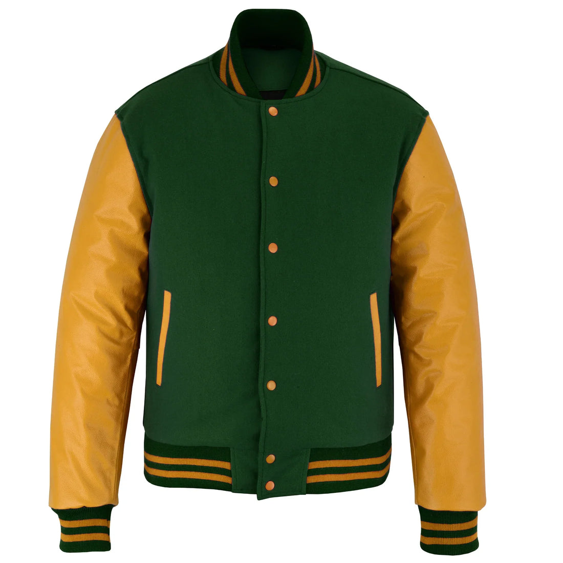 Classic Varsity Letterman Jacket Forest Green Wool with Black Genuine Leather Sleeves and trims