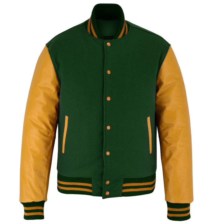 Classic Varsity Letterman Jacket Forest Green Wool with Black Genuine Leather Sleeves and trims