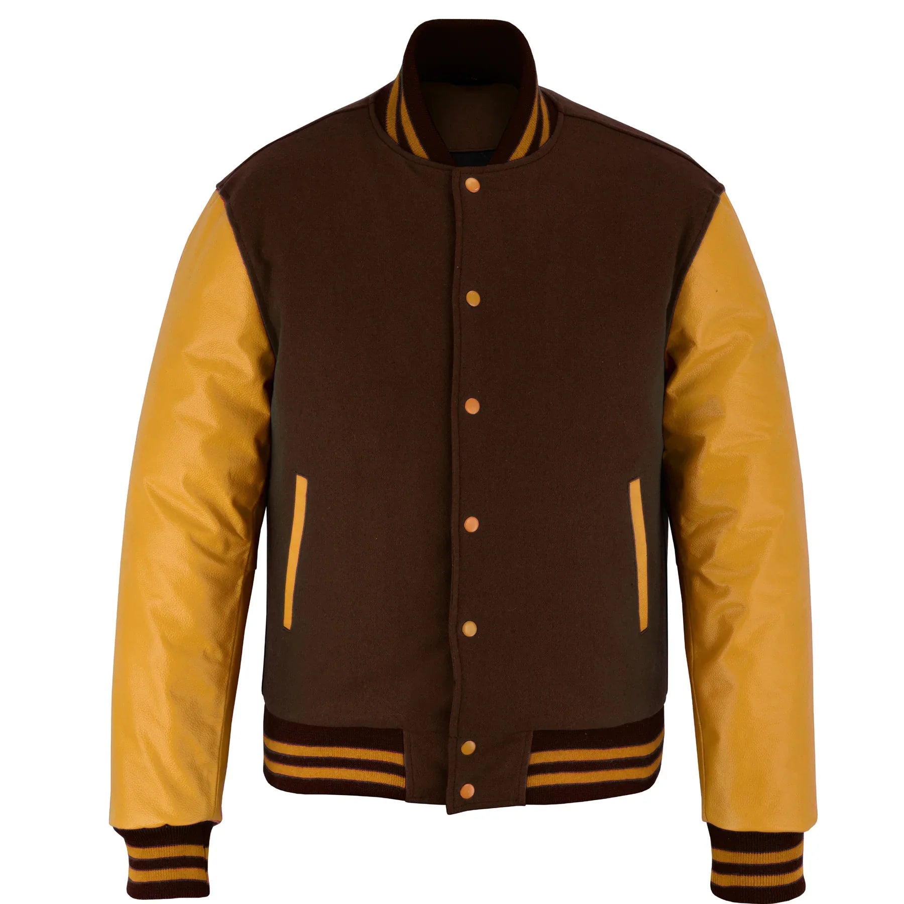 Classic Varsity Letterman Jacket Brown Wool with Gold Genuine Leather Sleeves and trims