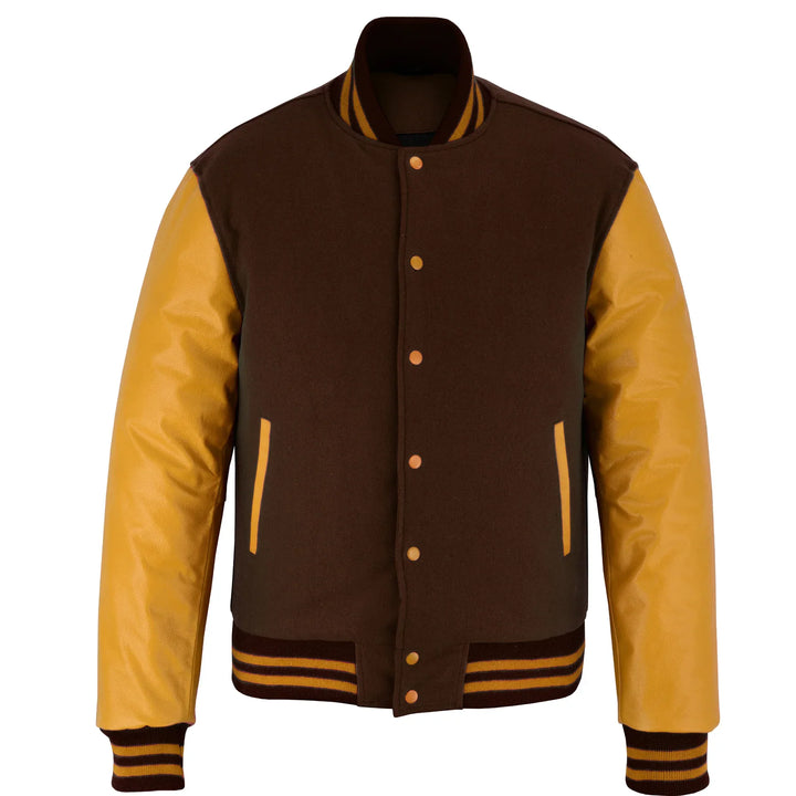 Classic Varsity Letterman Jacket Brown Wool with Gold Genuine Leather Sleeves and trims