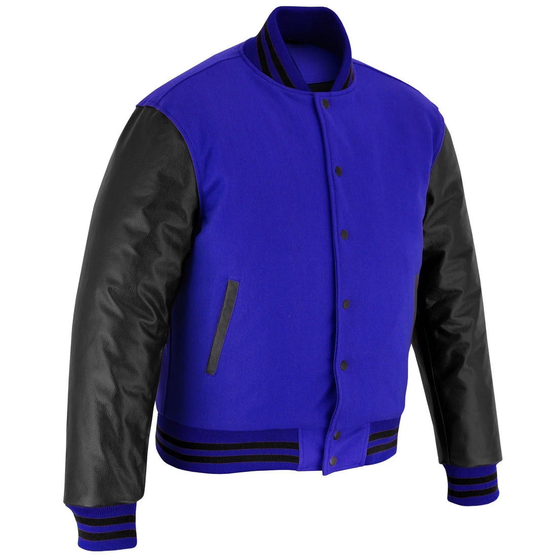 Classic Varsity Letterman Jacket Royal Wool with Black Genuine Leather Sleeves and trims