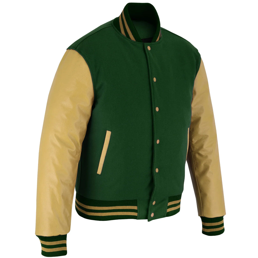 Classic Varsity Letterman Jacket Forest Green Wool with cream Genuine Leather Sleeves and trims