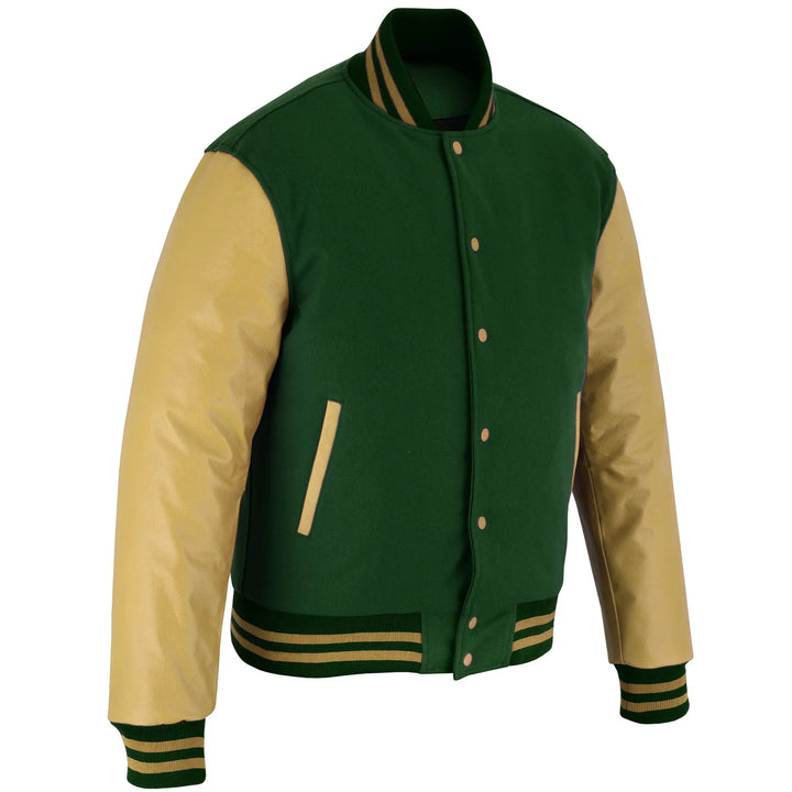 Classic Varsity Letterman Jacket Forest Green Wool with cream Genuine Leather Sleeves and trims