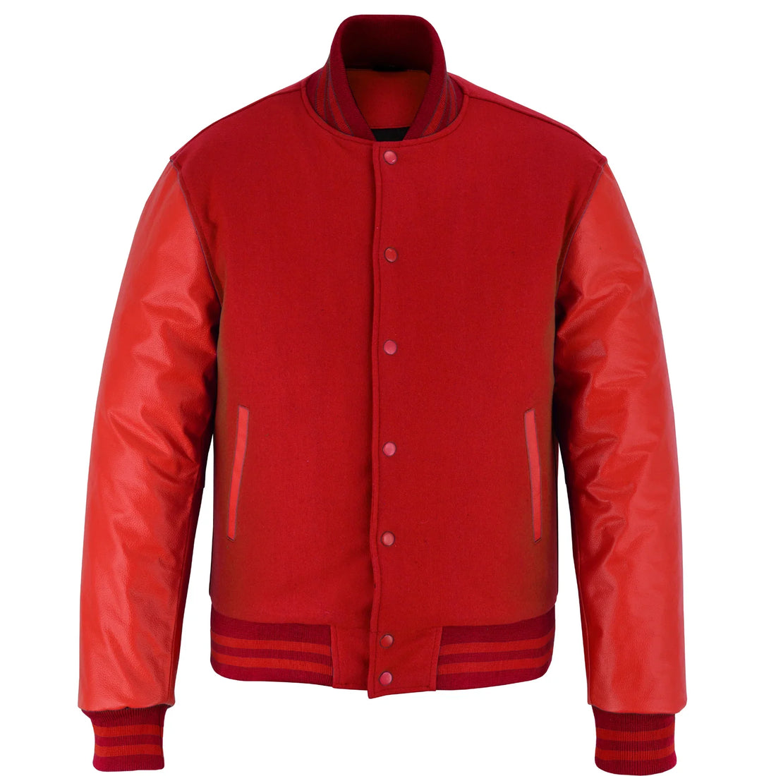Classic Varsity Letterman Jacket Red Wool with Red Genuine Leather Sleeves and trims