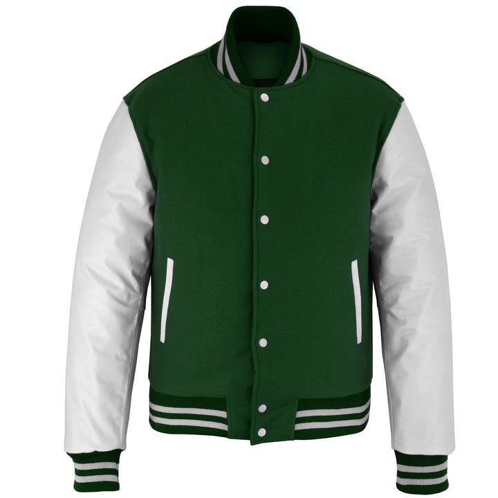 Classic Varsity Letterman Jacket Forest Green Wool with White Genuine Leather Sleeves and trims
