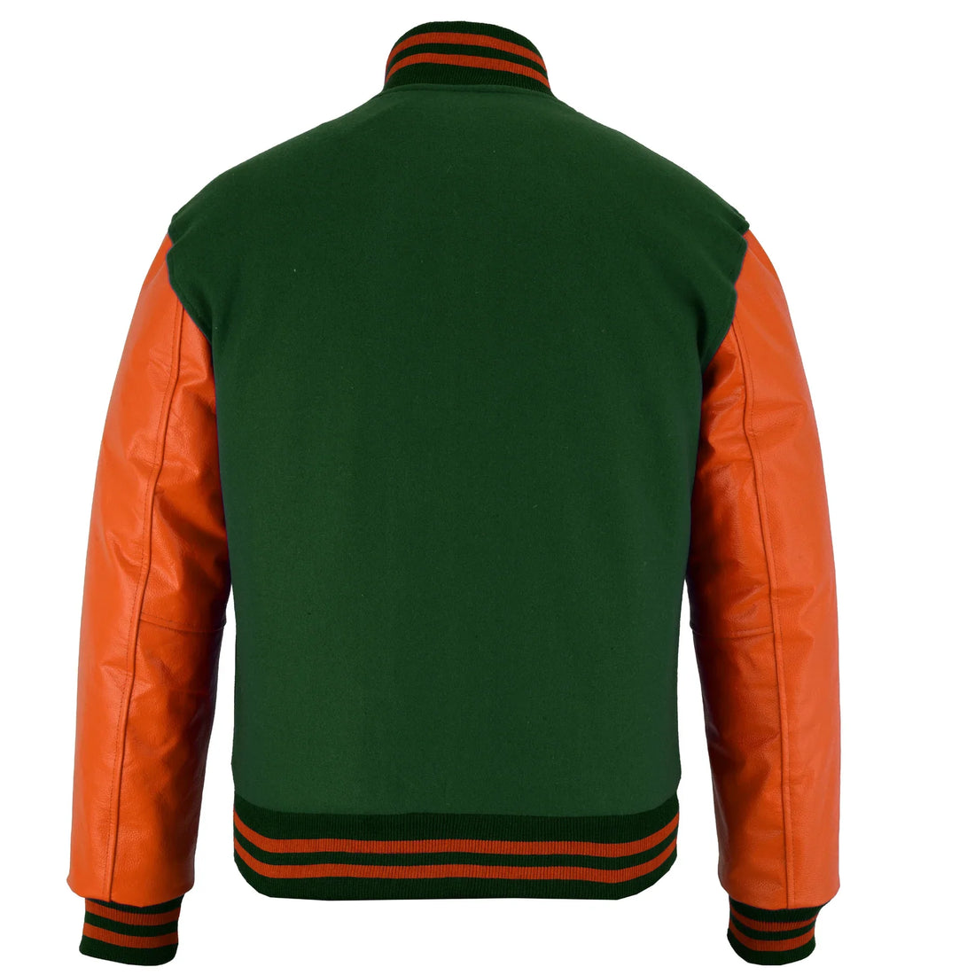 Classic Varsity Letterman Jacket Forest Green Wool with Orange Genuine Leather Sleeves and trims