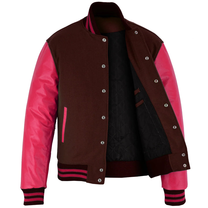 Classic Varsity Letterman Jacket Brown Wool with Hot Pink Genuine Leather Sleeves and trims