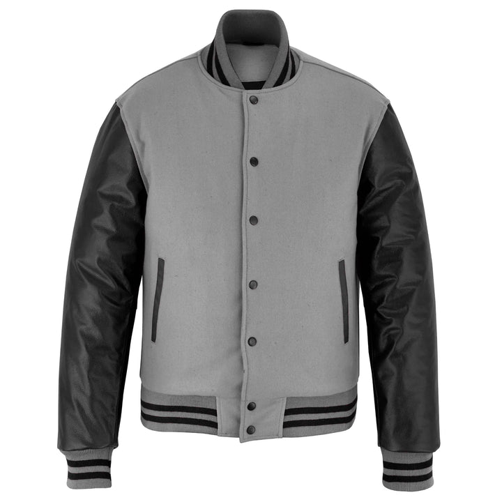 Classic Varsity Letterman Jacket Light Grey Wool with Black Genuine Leather Sleeves and trims
