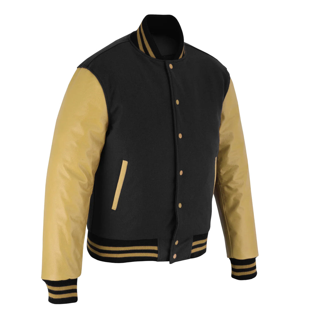 Classic Varsity Letterman Jacket Black Wool with Beige Genuine Leather Sleeves and trims