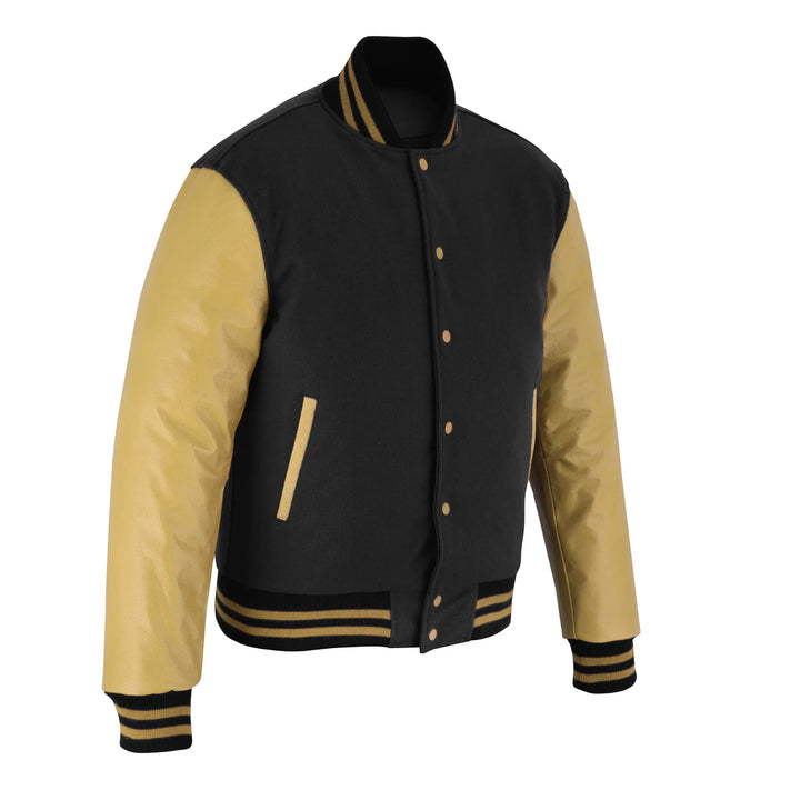 Classic Varsity Letterman Jacket Black Wool with Beige Genuine Leather Sleeves and trims