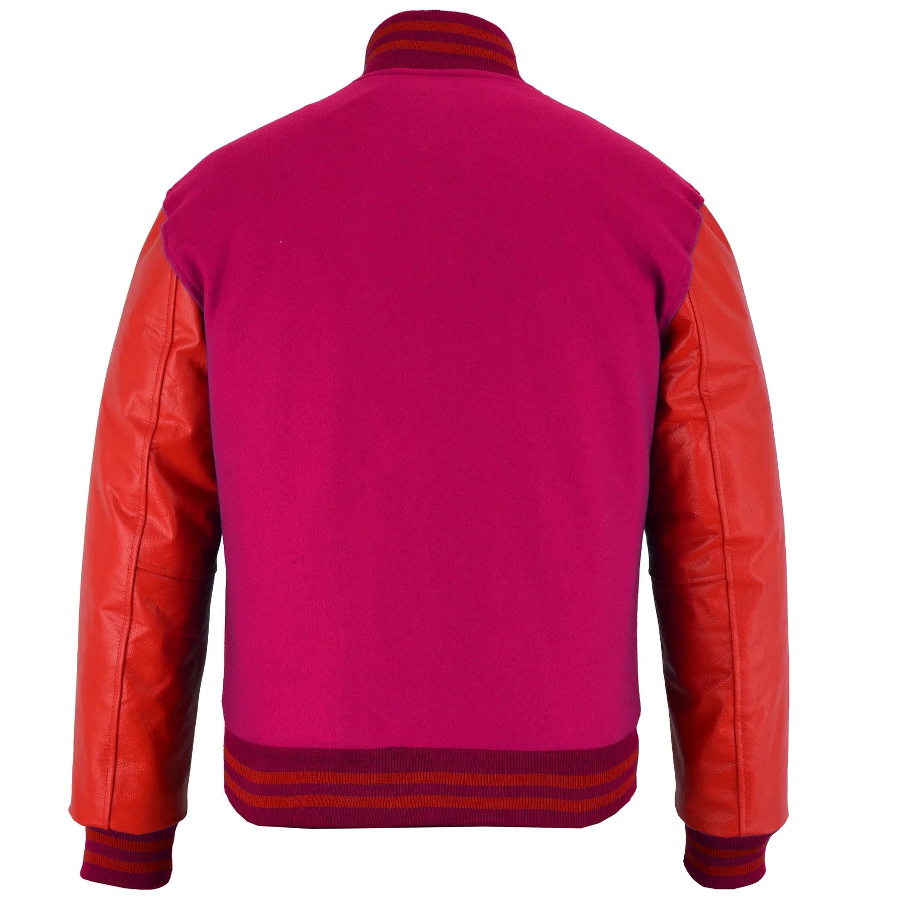 Classic Varsity Letterman Jacket Pink Wool with Orange Genuine Leather Sleeves and trims