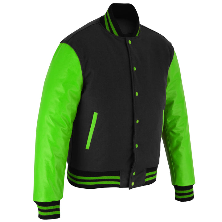 Classic Varsity Letterman Jacket Black Wool with Green Genuine Leather Sleeves and trims