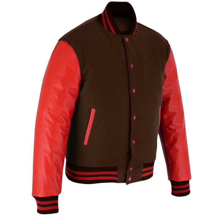 Classic Varsity Letterman Jacket Brown Wool with Red Genuine Leather Sleeves and trims