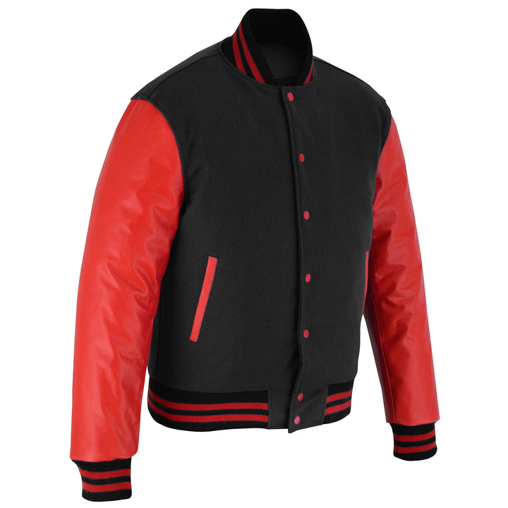 Classic Varsity Letterman Jacket Black Wool with Red Genuine Leather Sleeves and trims