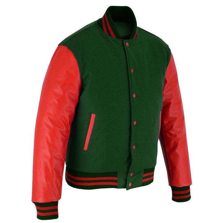 Classic Varsity Letterman Jacket Green Wool with Red Genuine Leather Sleeves and trims