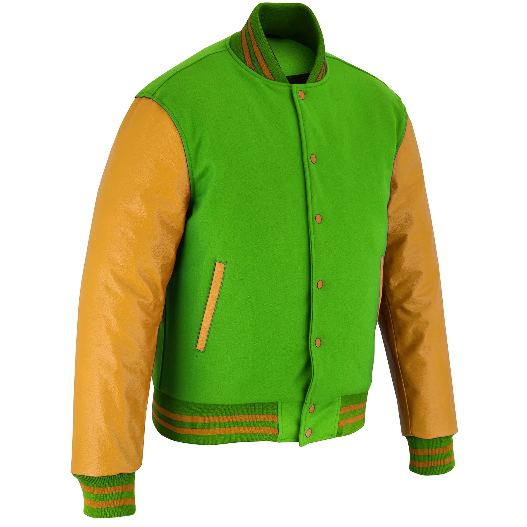 Classic Varsity Letterman Jacket Kelly Green Wool with Gold Genuine Leather Sleeves and trims