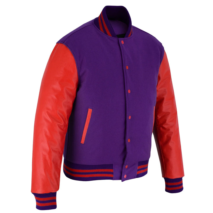 Classic Varsity Letterman Jacket Purple Wool with Red Genuine Leather Sleeves and trims