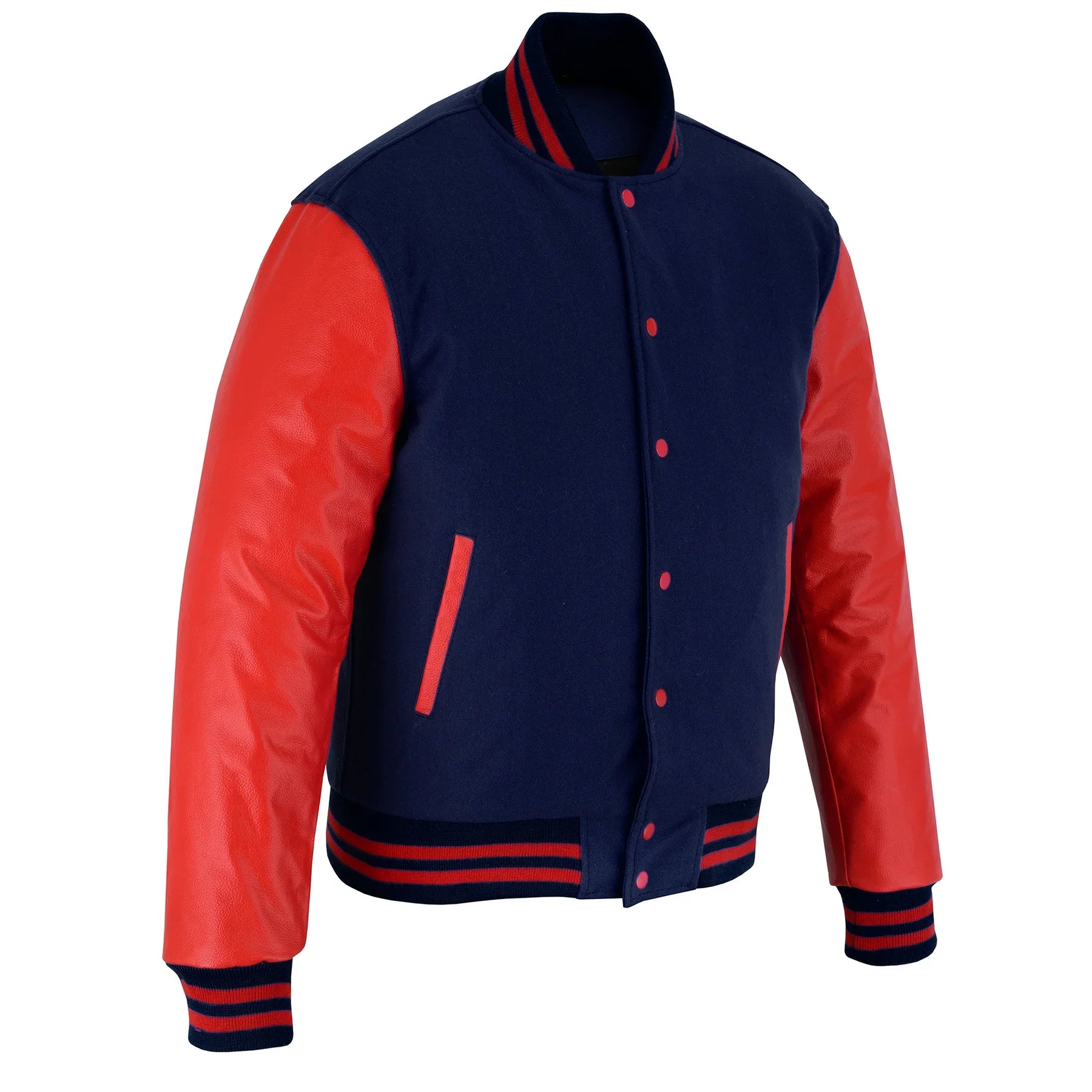 Classic Varsity Letterman Jacket Navy Blue Wool with Red Genuine Leather Sleeves and trims
