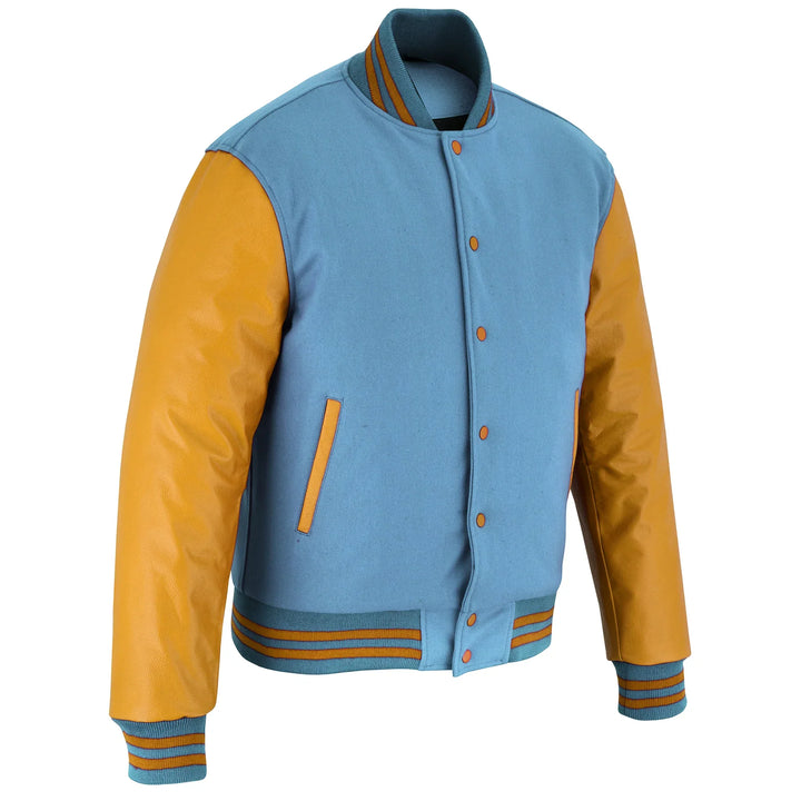 Classic Varsity Letterman Jacket Sky Blue Wool with Gold Genuine Leather Sleeves and trims