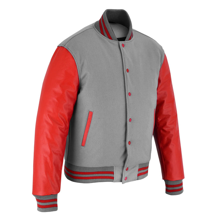 Classic Varsity Letterman Jacket Light Gray Wool with Red Genuine Leather Sleeves and trims