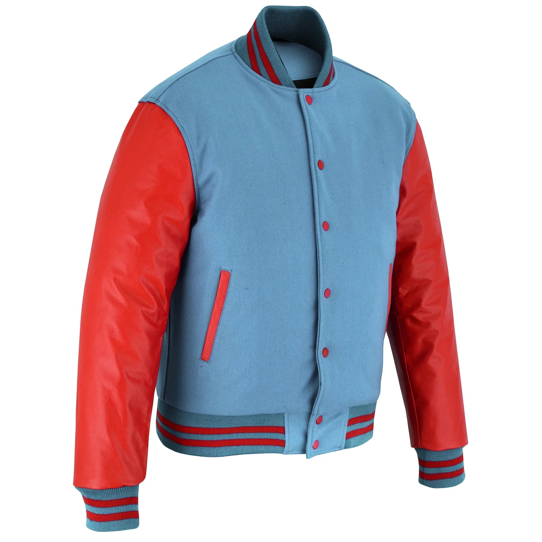 Classic Varsity Letterman Jacket Sky Blue Wool with Red Genuine Leather Sleeves and trims