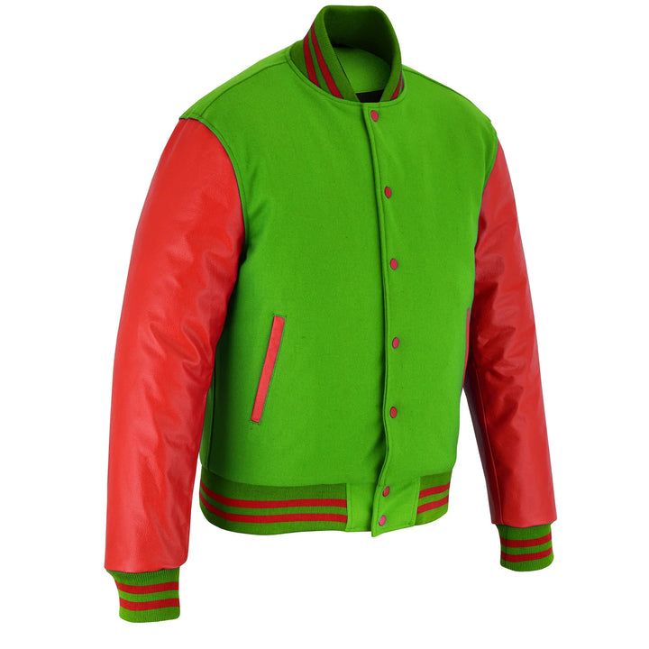 Classic Varsity Letterman Jacket Parrot Wool with Red Genuine Leather Sleeves and trims
