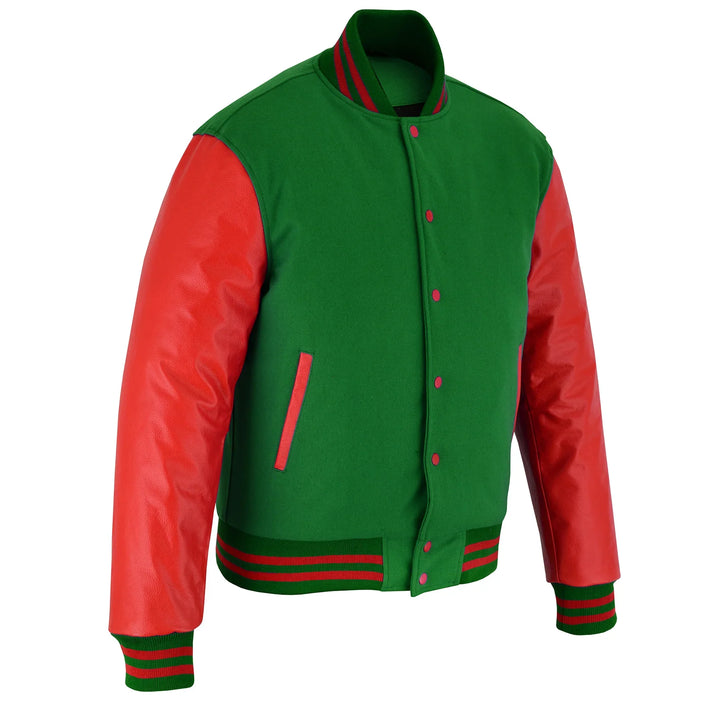 Classic Varsity Letterman Jacket Forest Green Wool with Red Genuine Leather Sleeves and trims
