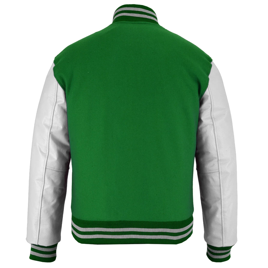 Classic Varsity Letterman Jacket Green Wool with White Genuine Leather Sleeves and trims