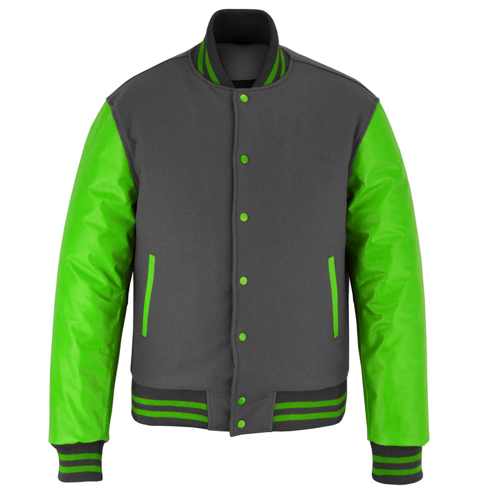Classic Varsity Letterman Jacket Dark Grey Wool with Green Genuine Leather Sleeves and trims