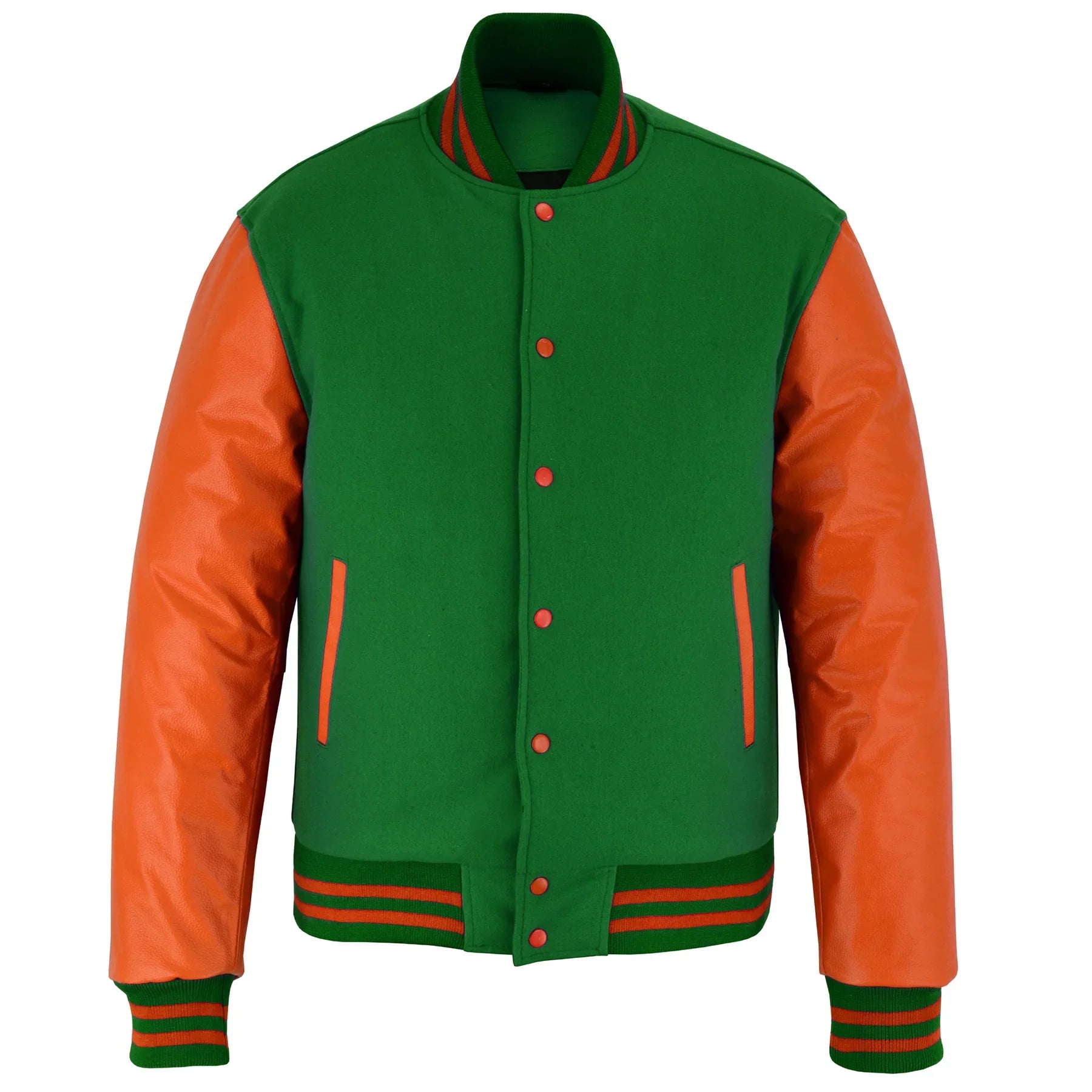 Classic Varsity Letterman Jacket Forest Green Wool with Orange Genuine Leather Sleeves and trims